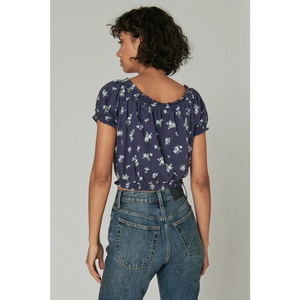 Lucky Brand Feminine Bubble Hem With Buttons Blouse Top navy blue floral print - Picture 3 of 11